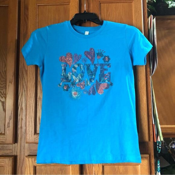 Women’s Crew Neck Beaded “LOVE” Graphic Short Sleeve T-Shirt - S - Picture 7 of 11